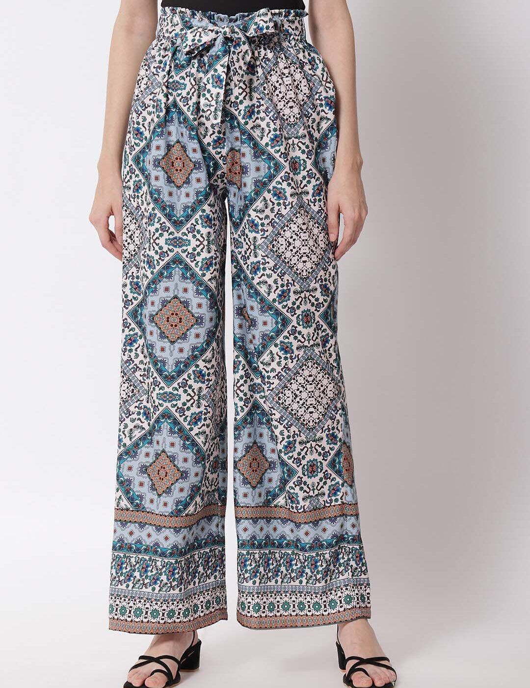 Kotty Women Blue and White Ethnic Motifs Printed Relaxed High-Rise Easy Wash Trousers