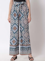 Kotty Women Blue and White Ethnic Motifs Printed Relaxed High-Rise Easy Wash Trousers