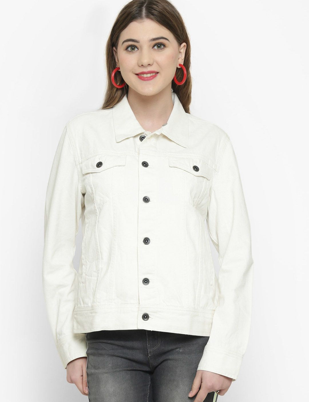 Kotty Women White Solid Denim Jacket
