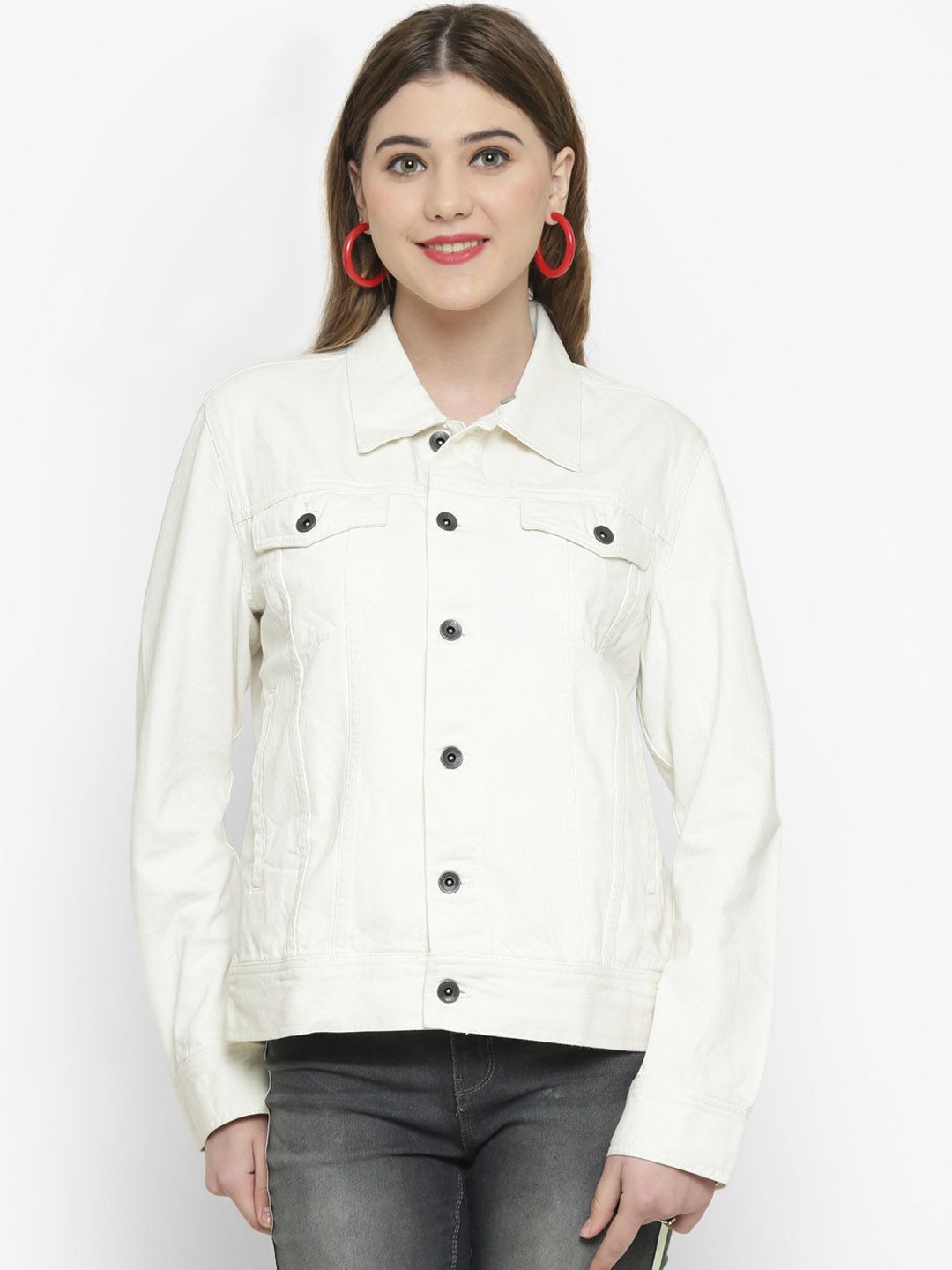Kotty Women White Solid Denim Jacket