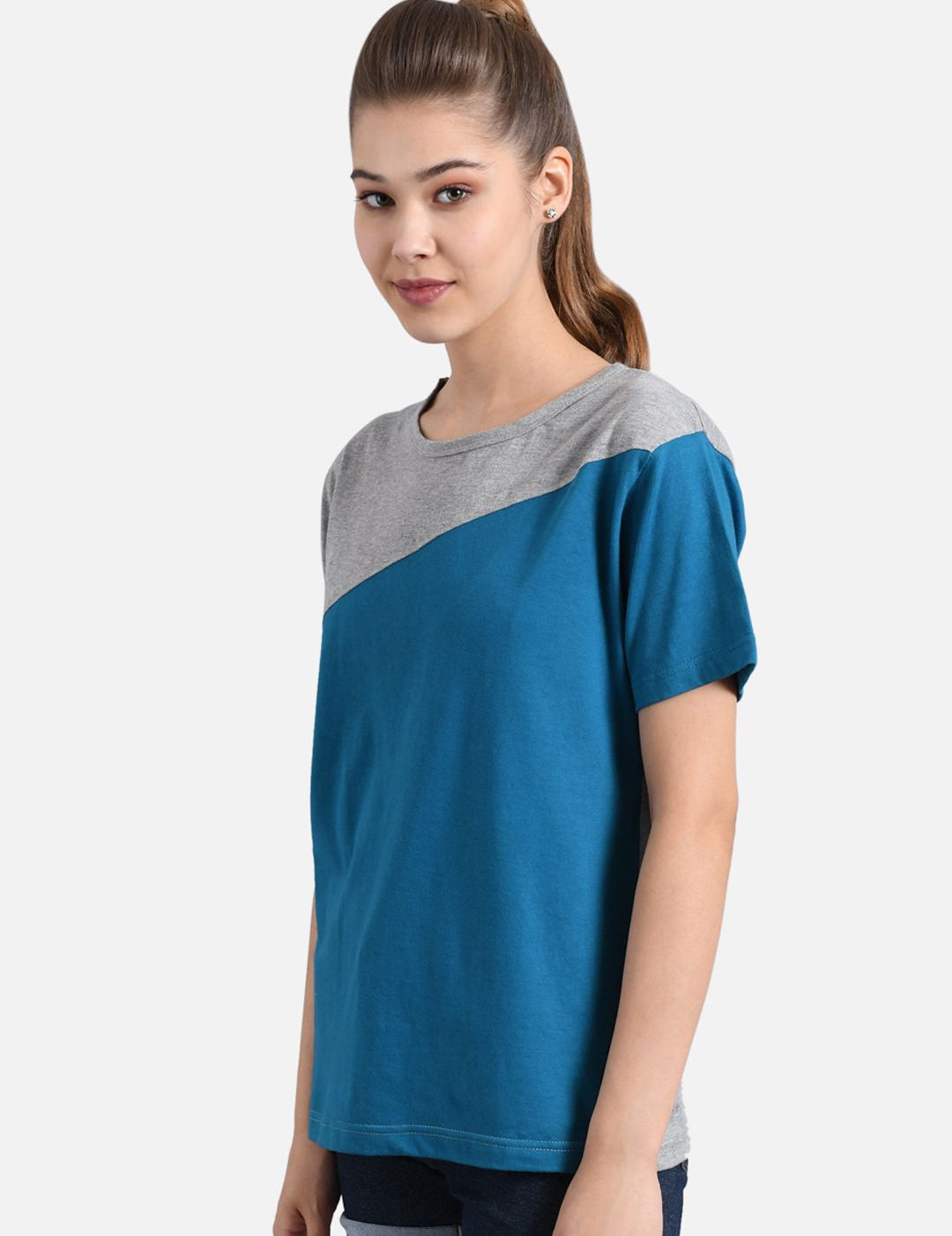 Kotty Women Blue & Grey Colourblocked Round Neck T-shirt