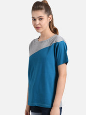 Kotty Women Blue & Grey Colourblocked Round Neck T-shirt