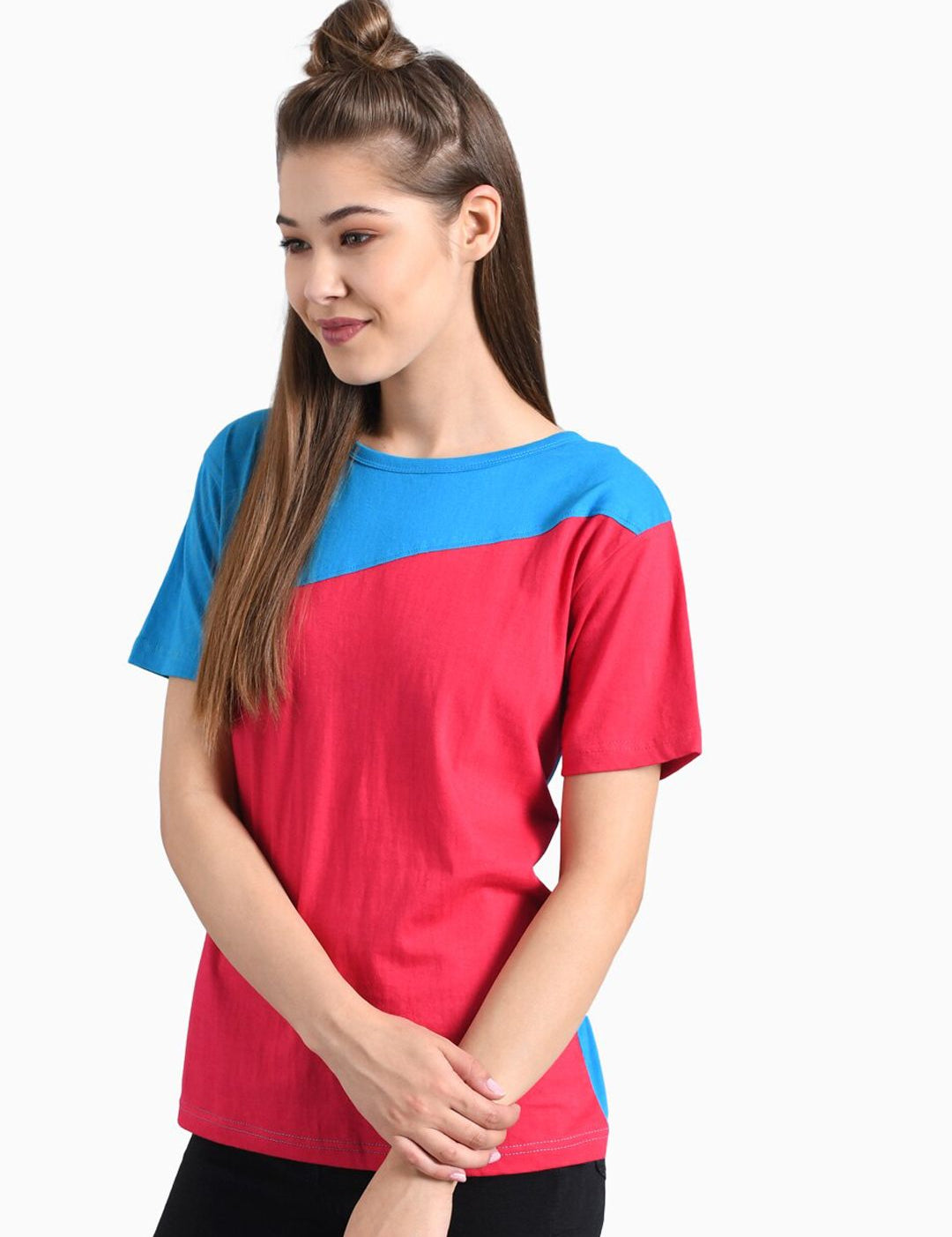 Kotty Women Blue Colourblocked Round Neck T-shirt