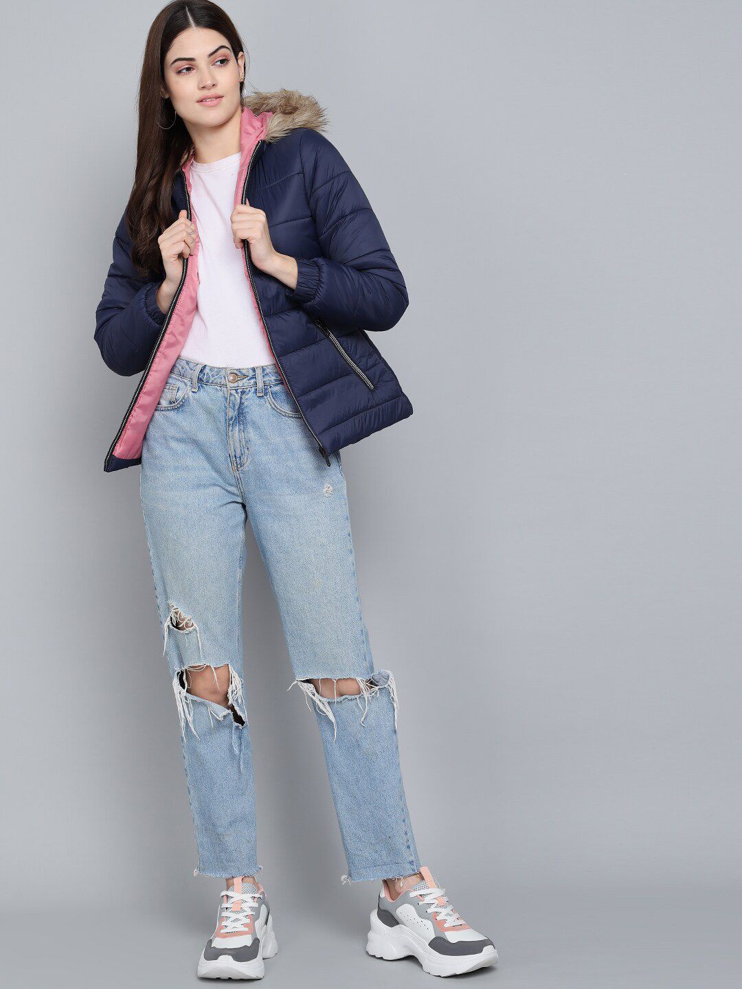 Kotty Women Blue Outdoor Hooded Faux Fur Puffer Jacket