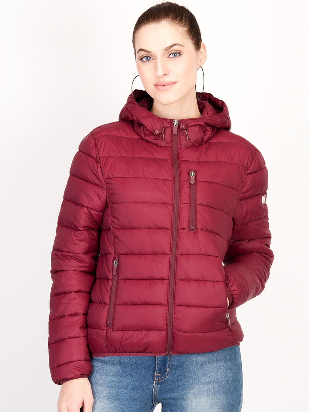 Kotty Women Maroon Solid Insulator Hooded Puffer Jacket