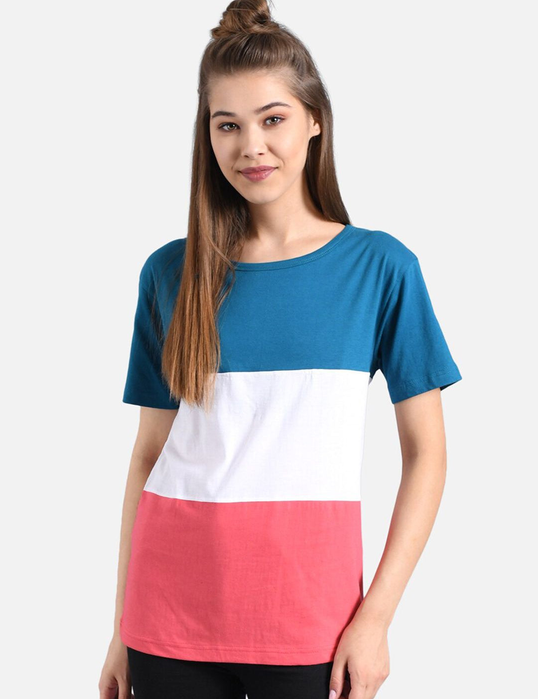 Kotty Women Blue & White Colourblocked V-Neck T-shirt