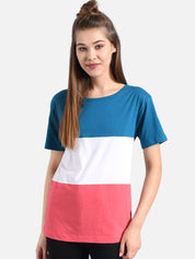 Kotty Women Blue & White Colourblocked V-Neck T-shirt