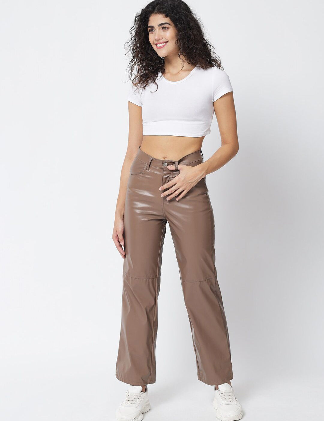 Kotty Women Brown Relaxed Straight Fit PU Leather Parallel Trousers