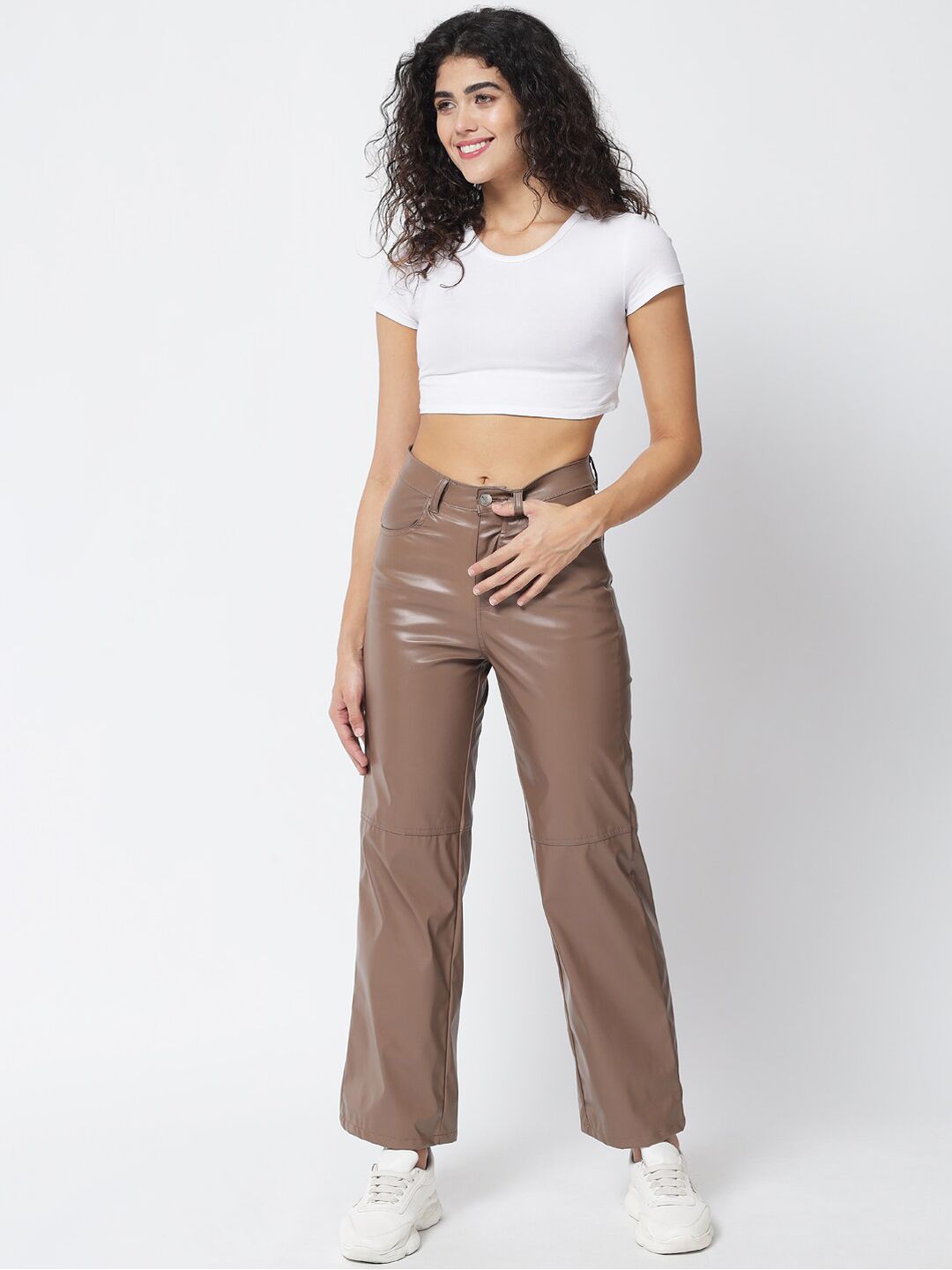 Kotty Women Brown Relaxed Straight Fit PU Leather Parallel Trousers