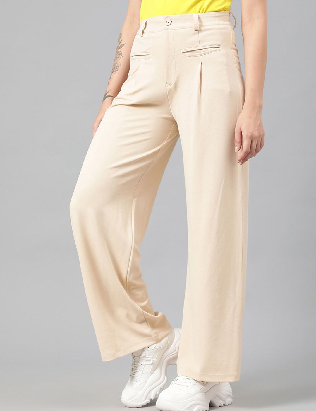 Kotty Women Beige High-Rise Relaxed Straight Leg Straight Fit Easy Wash Trousers