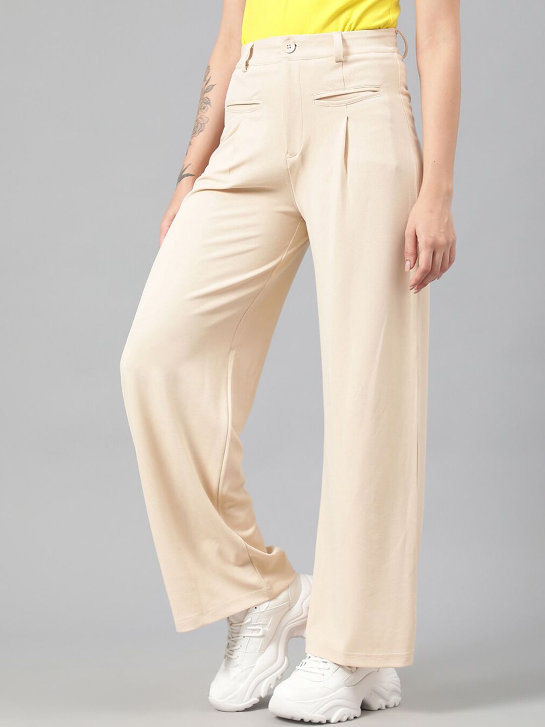 Kotty Women Beige High-Rise Relaxed Straight Leg Straight Fit Easy Wash Trousers