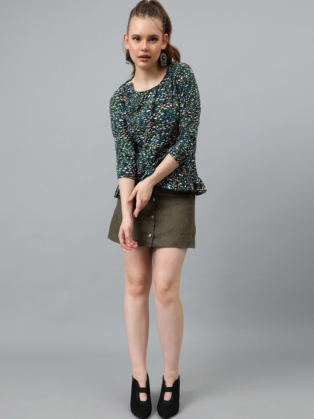 Kotty Green & White Abstract Print Crepe Top