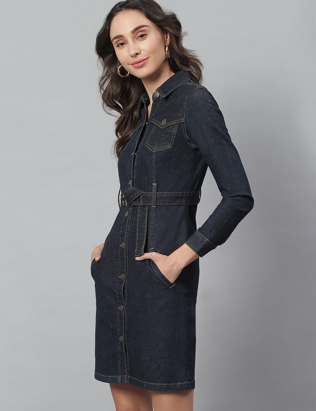 Kotty Women Blue Solid Denim Shirt Dress & Belt