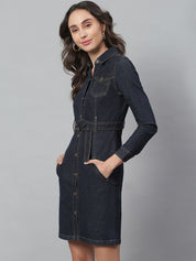 Kotty Women Blue Solid Denim Shirt Dress & Belt