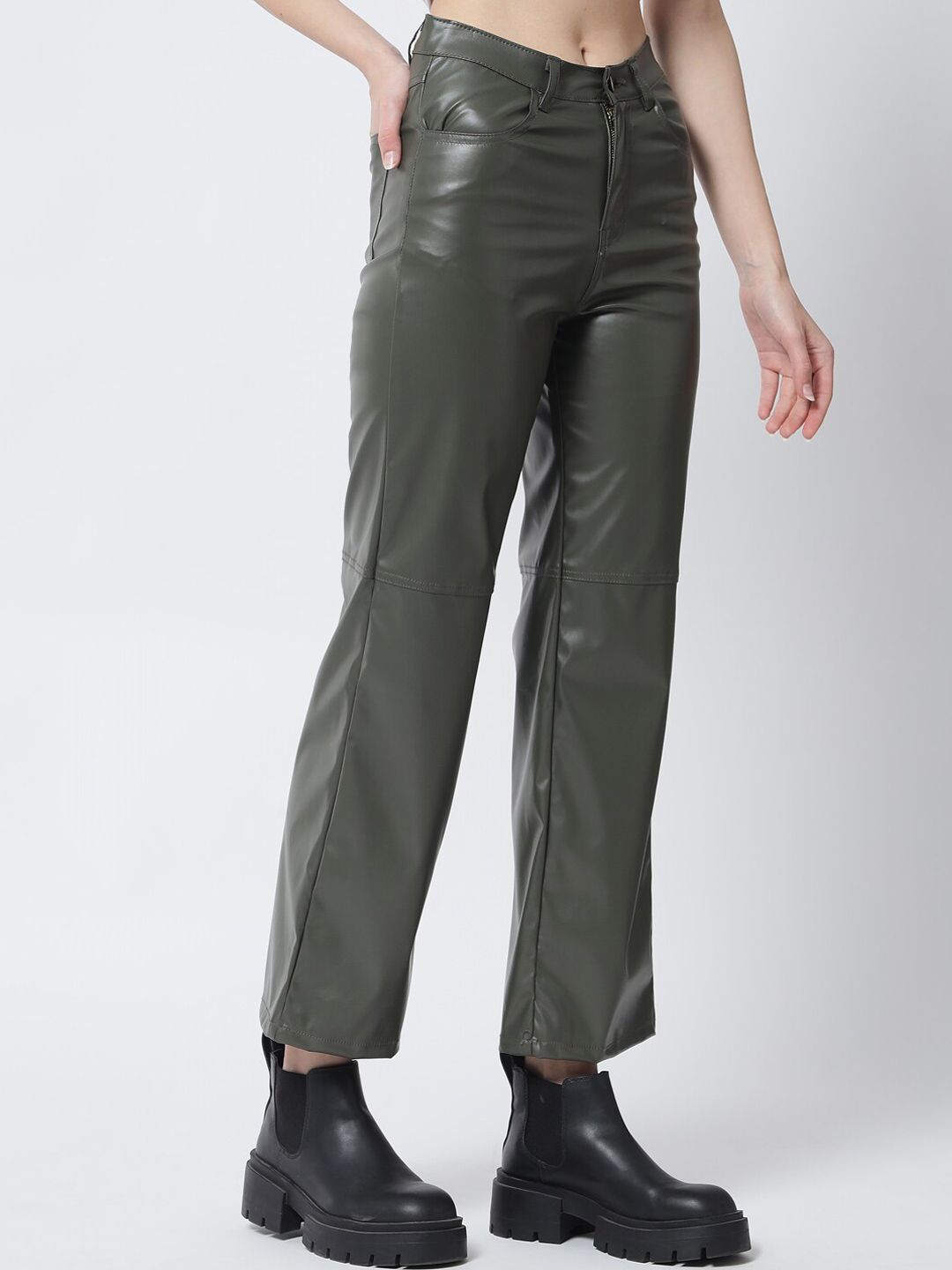 Kotty Women Olive Green Relaxed Straight Fit Trousers