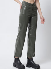 Kotty Women Olive Green Relaxed Straight Fit Trousers