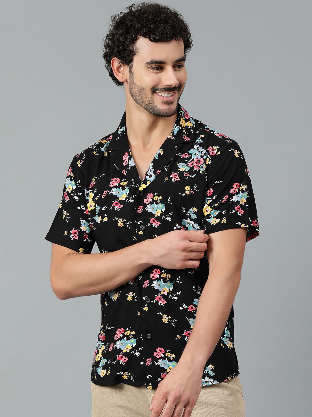 Kotty Men Cuban Collar Floral Printed Casual Shirt