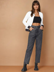 Kotty Women Mandarin Collar Self Design Bomber Jacket
