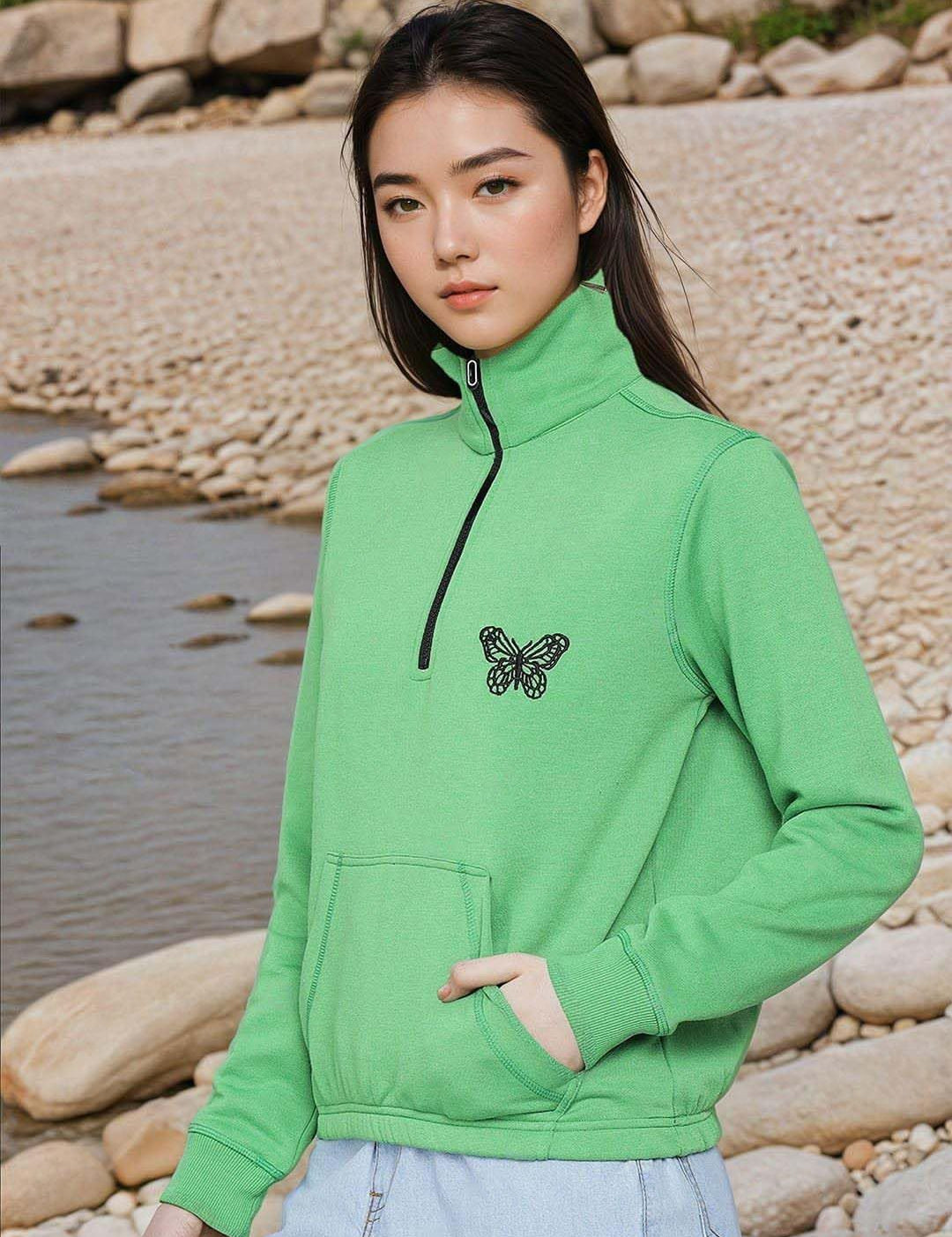 Kotty Women Graphic Printed High Neck Half Zipper Sweatshirt