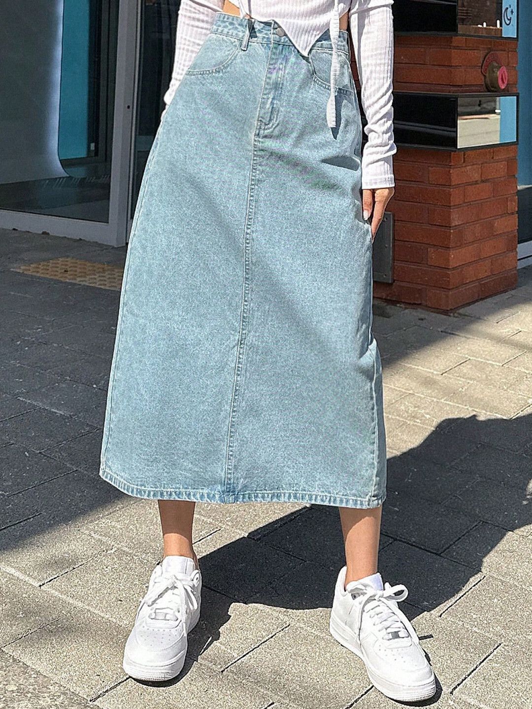 Kotty Women's Straight Midi Blue Denim Skirt