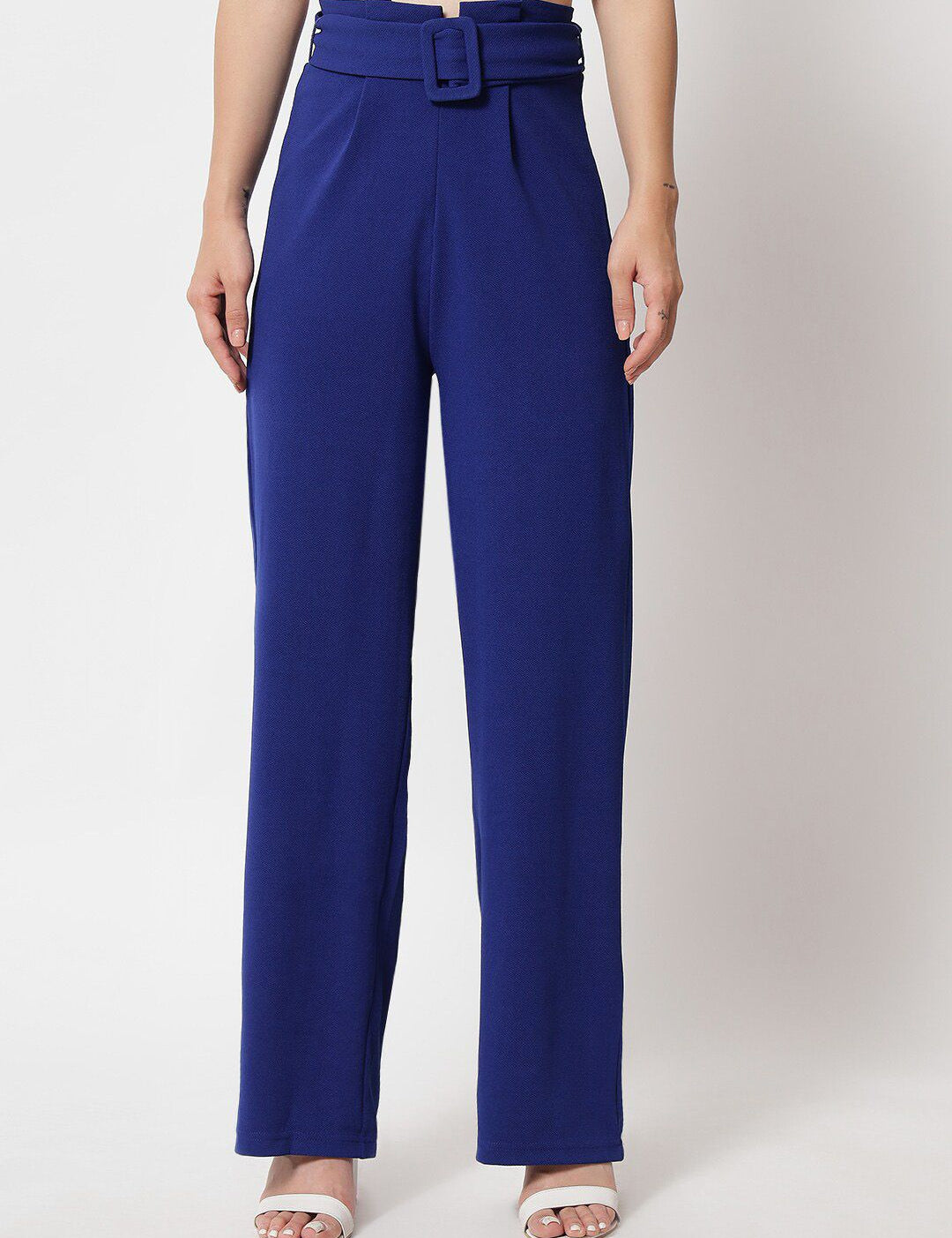 KOTTY BIZwear Women Blue Relaxed Straight Fit High-Rise Easy Wash Pleated Trousers