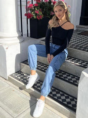 Kotty Women Jean Jogger High-Rise Mildly Distressed Light Fade Cotton Stretchable Jogger