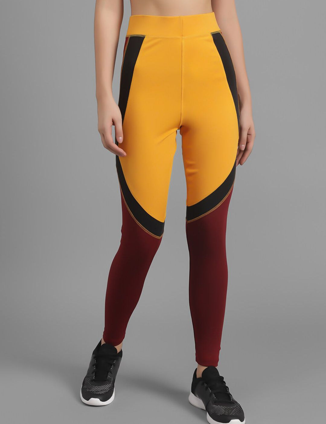 Kotty Women Yellow & Maroon Colourblocked Ankle-Length Tights