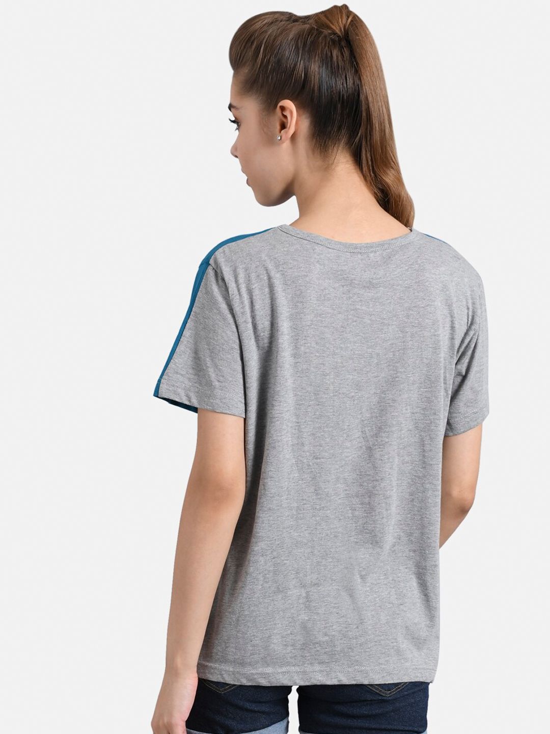 Kotty Women Grey & Blue Colourblocked Round Neck T-shirt