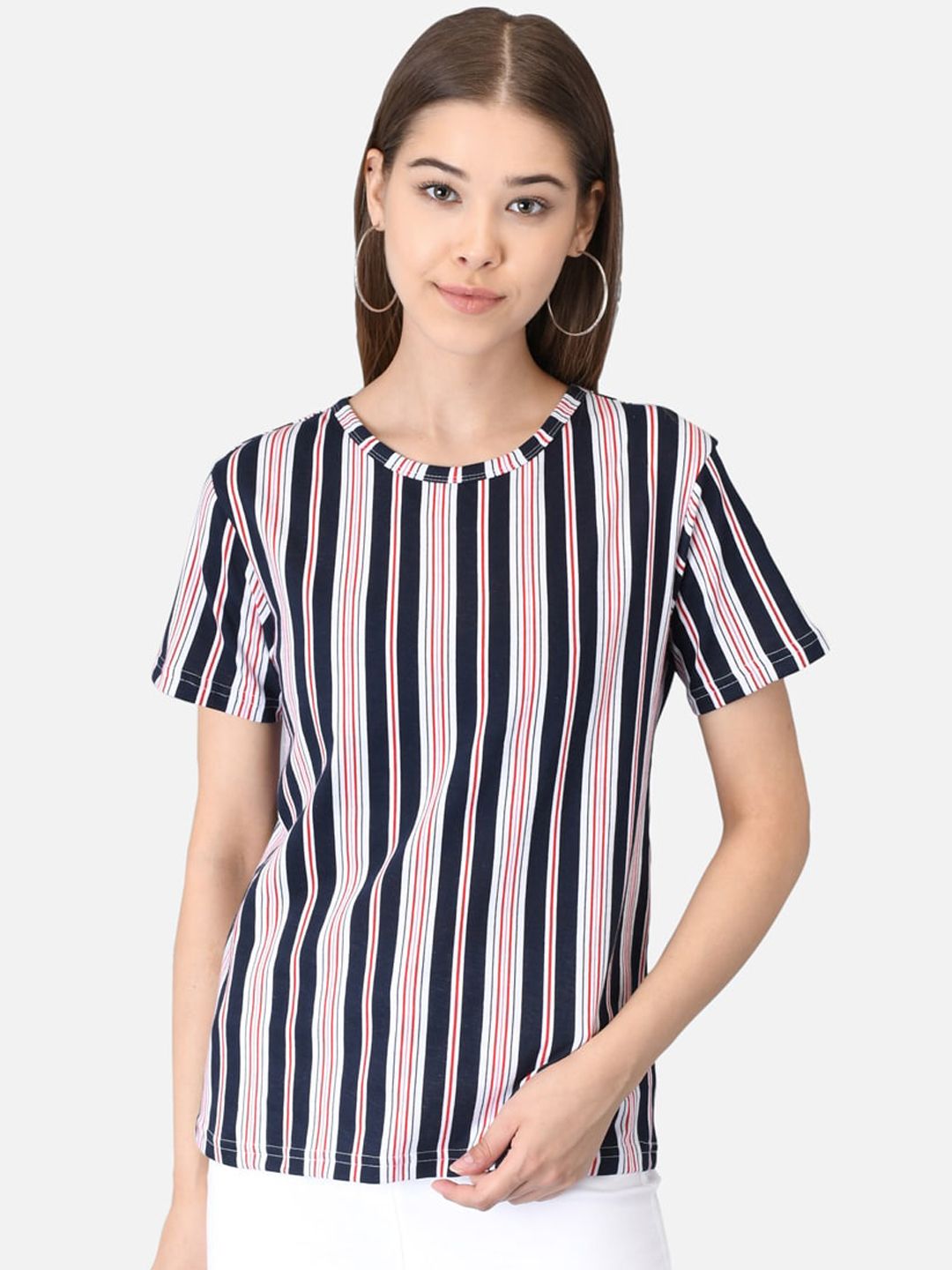 Kotty Women Blue Striped Round Neck T-shirt