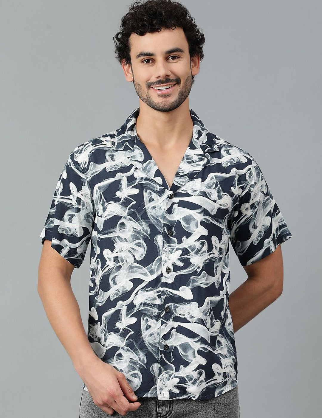 Kotty Men Cuban Collar Abstract Printed Casual Shirt