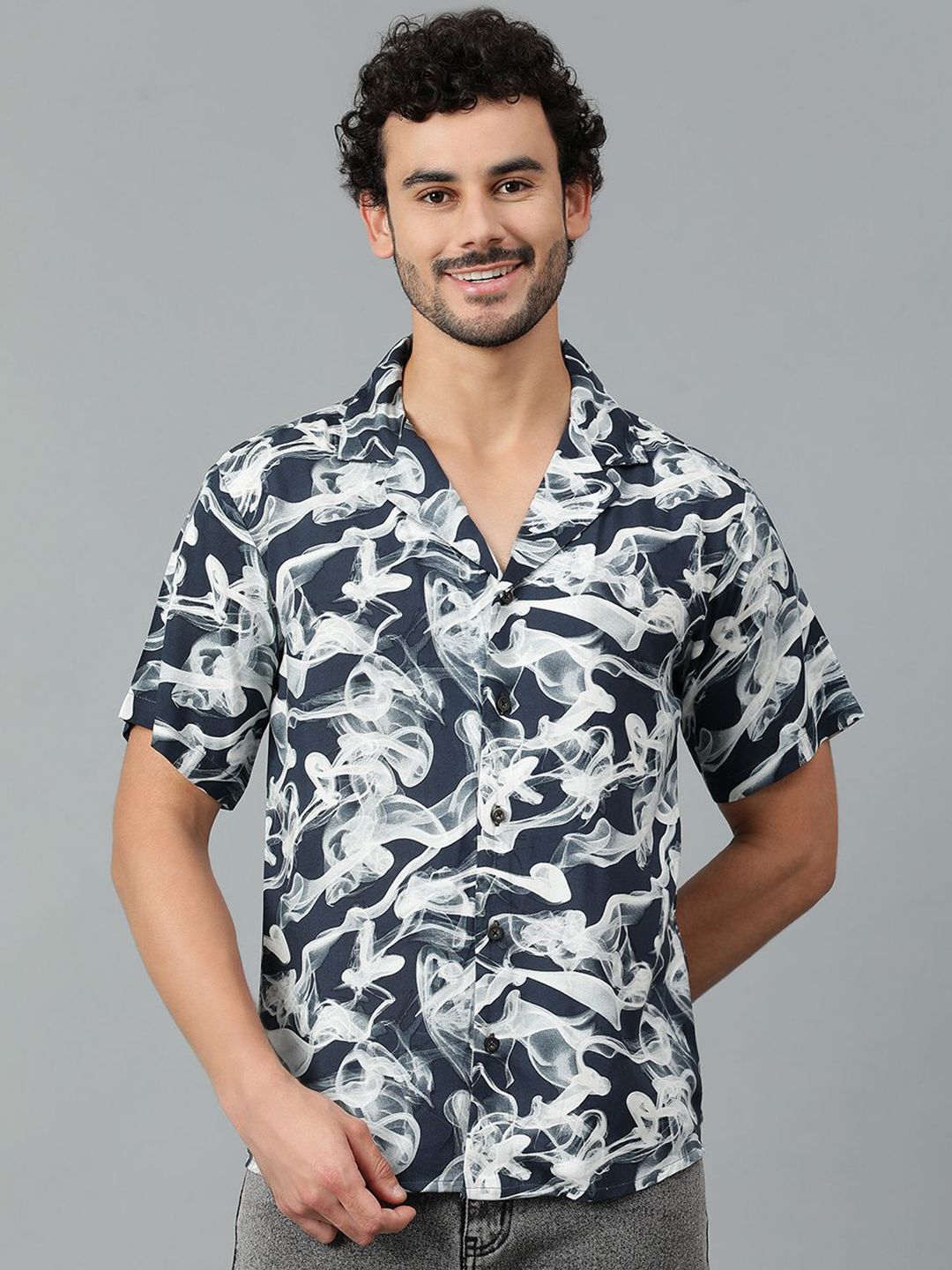 Kotty Men Cuban Collar Abstract Printed Casual Shirt