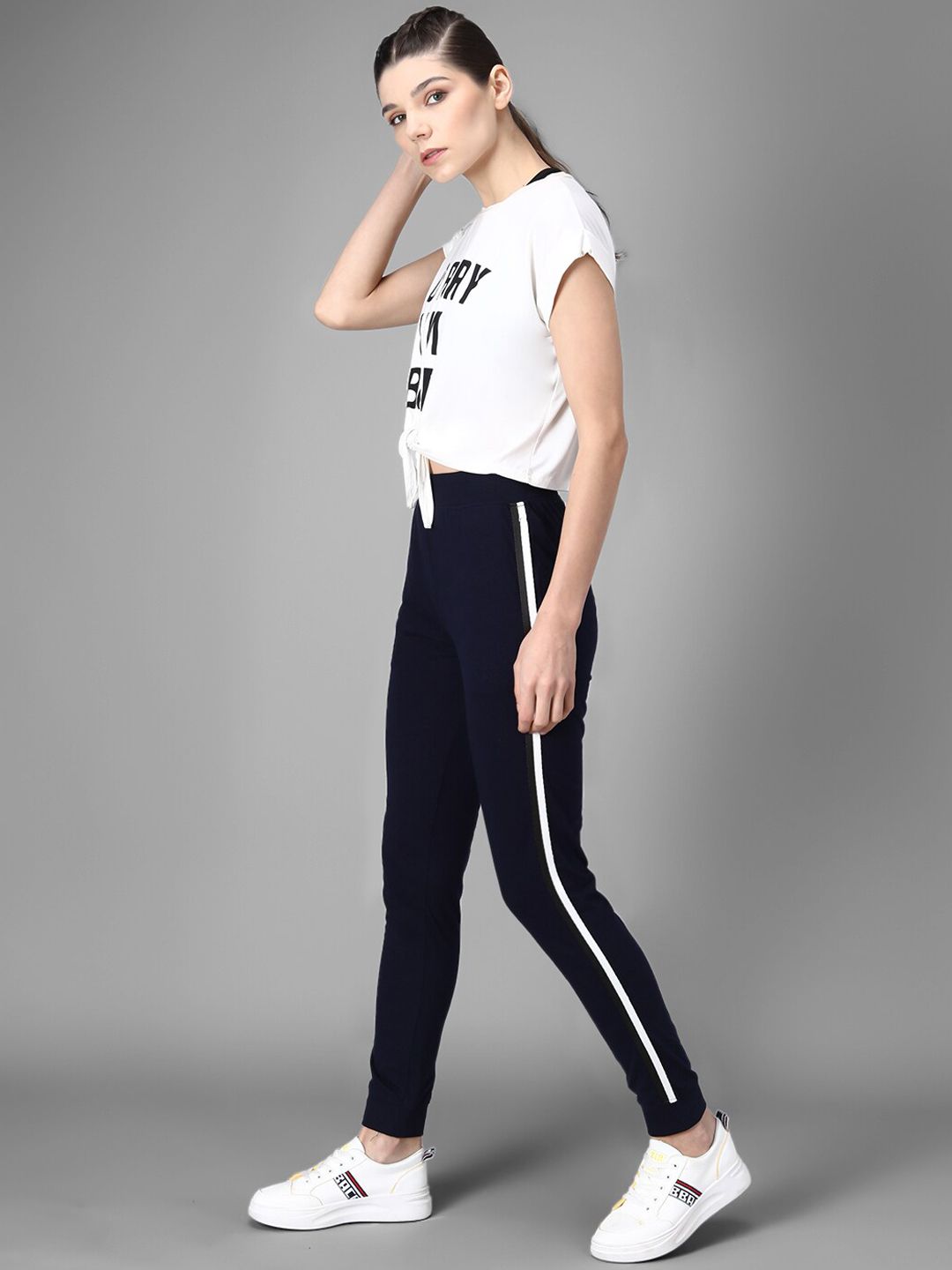 Kotty Women Navy Blue Solid Joggers with Side Stripes