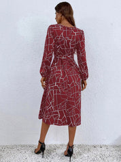 Kotty Maroon & White Abstract Printed Puff Sleeves Crepe Fit & Flare Midi Dress