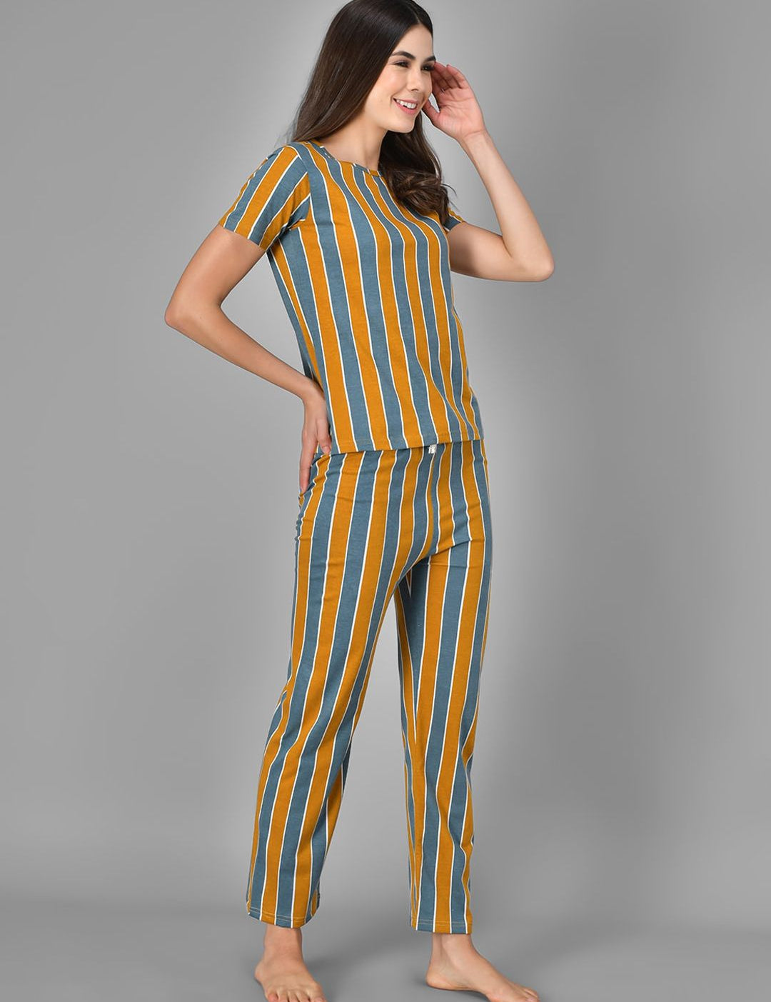 Kotty Women Mustard Yellow & Grey Striped Night Suit