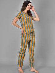 Kotty Women Mustard Yellow & Grey Striped Night Suit