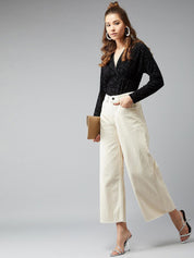 Kotty Women Cream-Coloured Jean Flared High-Rise Stretchable Jeans