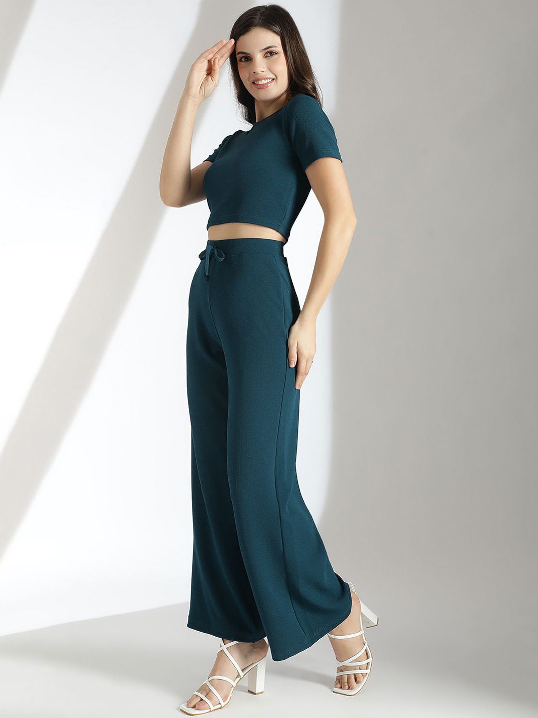 KOTTY Basics Teal Green Round Neck Top With Flared Trousers