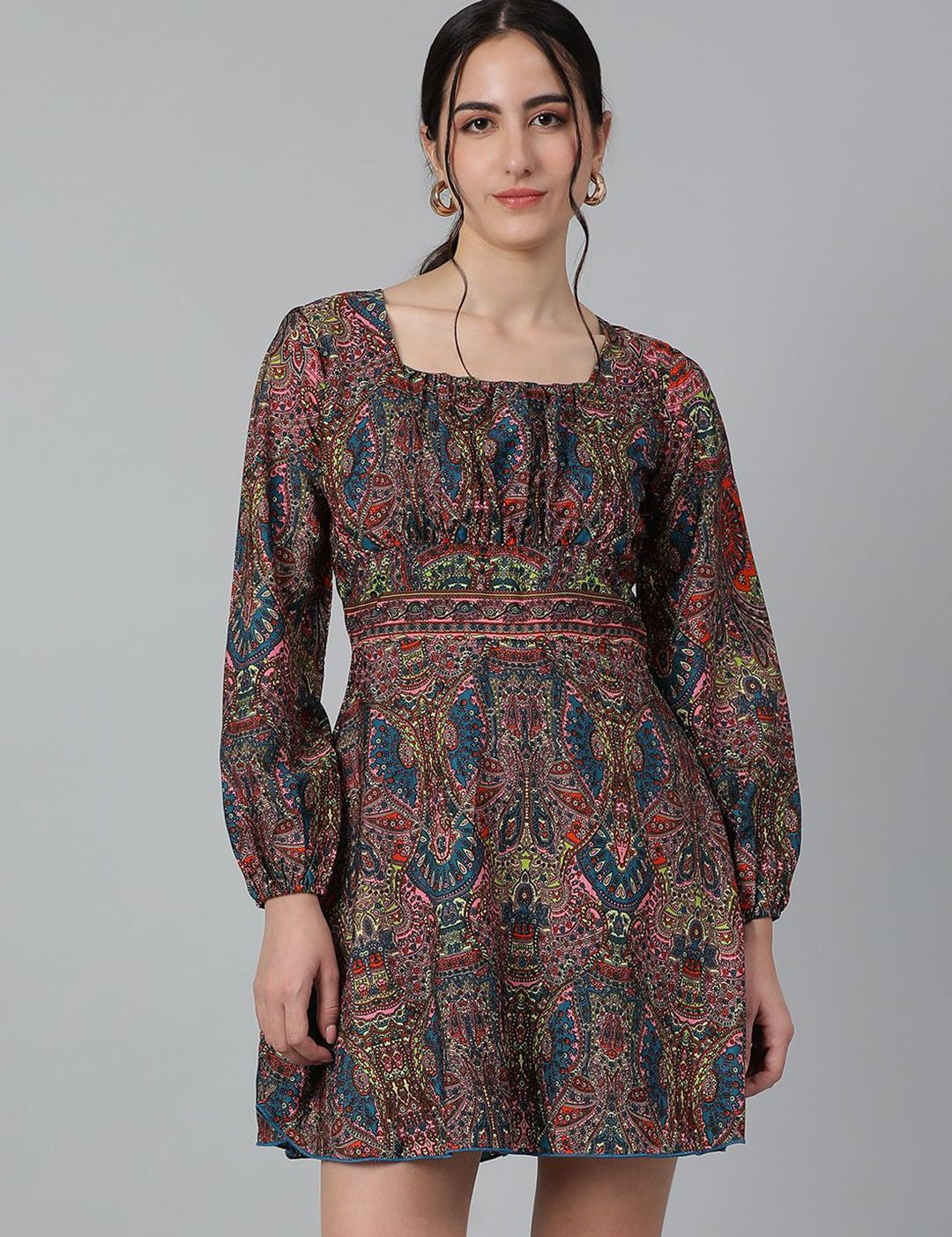 Kotty Ethnic Motifs Printed Square Neck Puff Sleeves Fit & Flare Dress