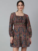 Kotty Ethnic Motifs Printed Square Neck Puff Sleeves Fit & Flare Dress