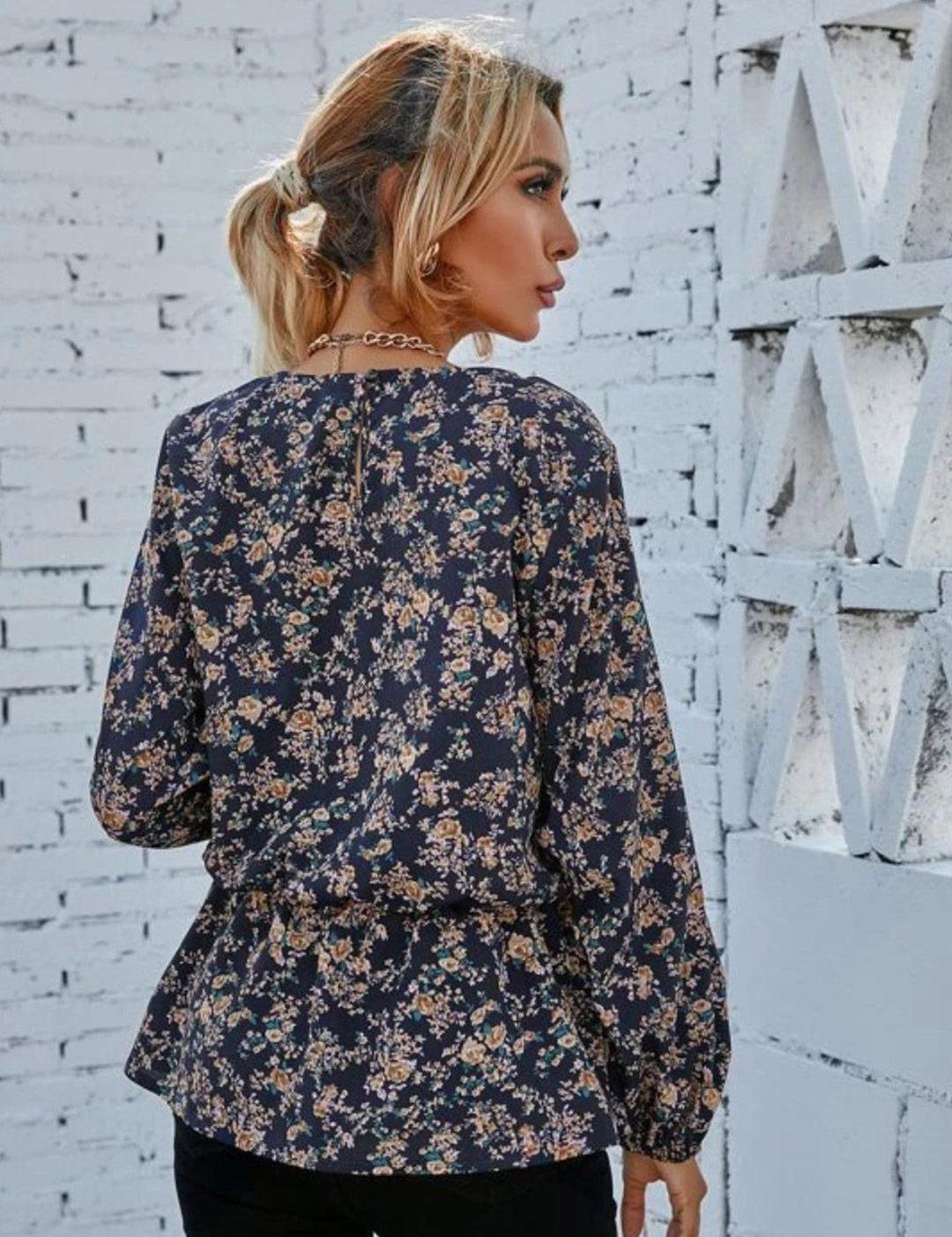 Kotty Blue Floral Printed Satin Cinched Waist Top