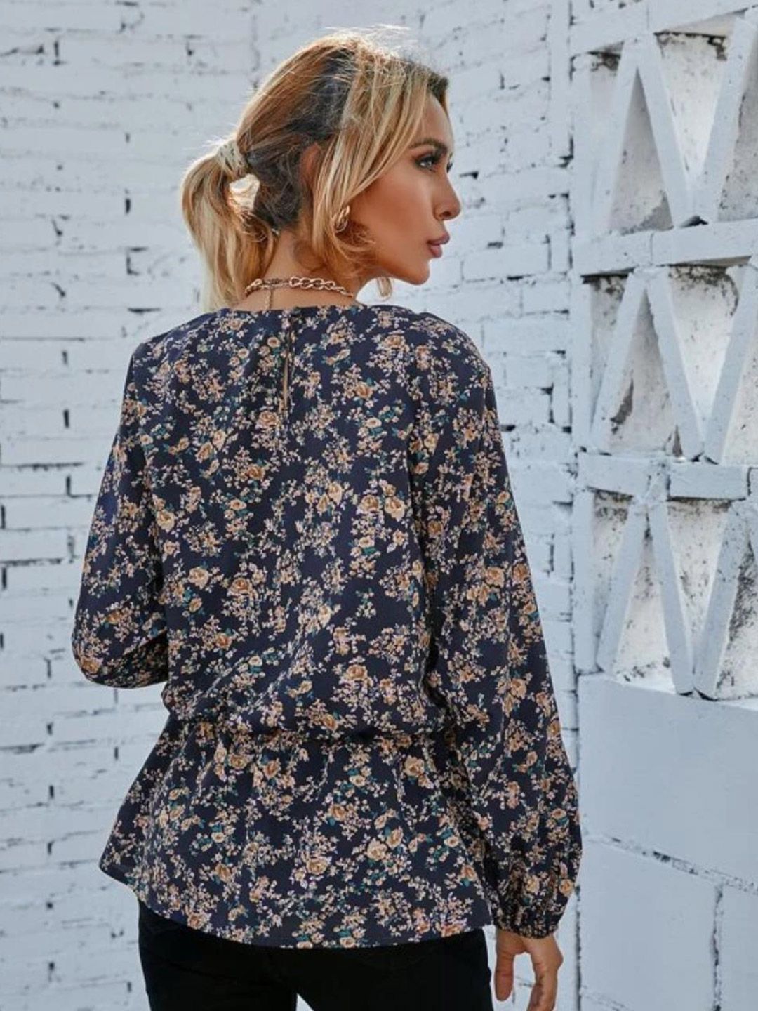 Kotty Blue Floral Printed Satin Cinched Waist Top