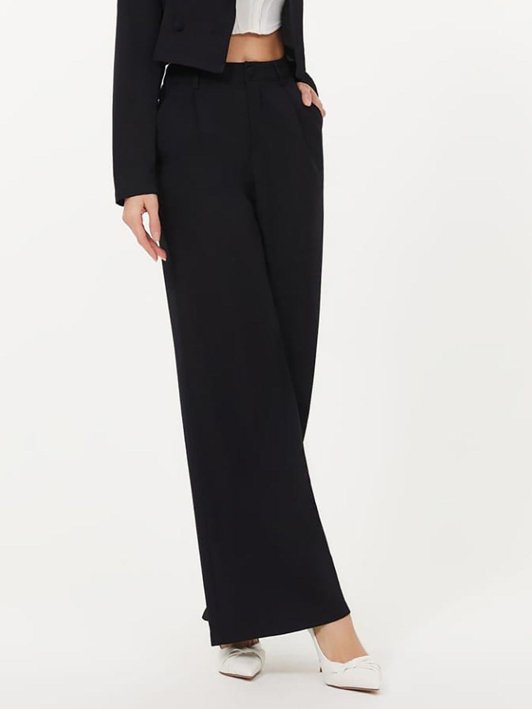 KOTTY BIZwear Basics Women Relaxed Straight Leg Straight Fit High-Rise Easy Wash Pleated Trousers