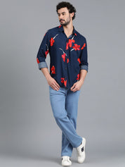 Kotty Navy Blue & Red Floral Printed Spread Collar Relaxed Fit Casual Shirt