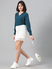 Kotty Green V-Neck Cuffed Sleeves Top