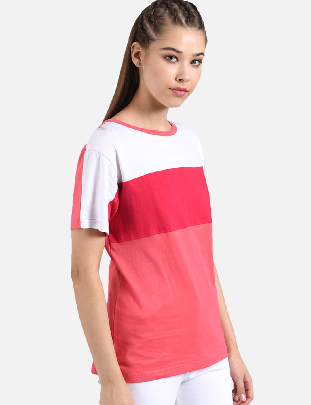 Kotty Women Pink & White Colourblocked Round Neck T-shirt