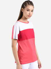Kotty Women Pink & White Colourblocked Round Neck T-shirt