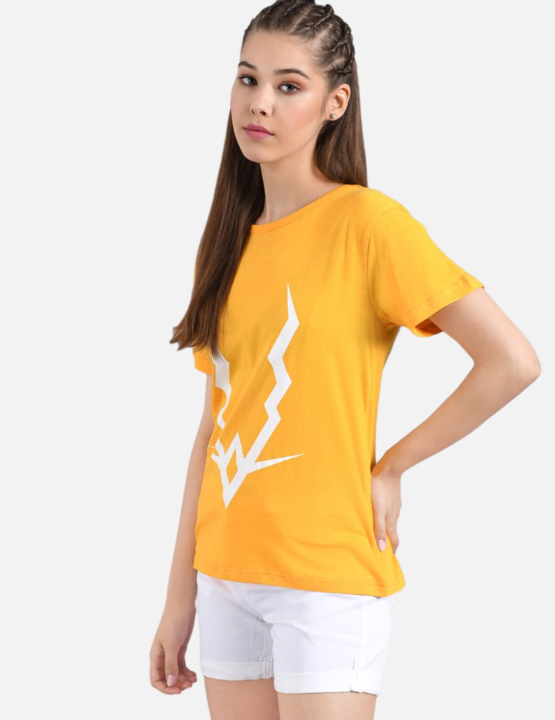 Kotty Women Mustard Yellow & White Printed Round Neck T-shirt