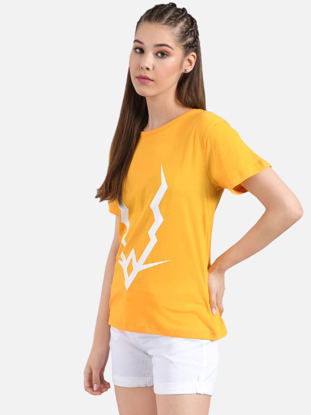 Kotty Women Mustard Yellow & White Printed Round Neck T-shirt