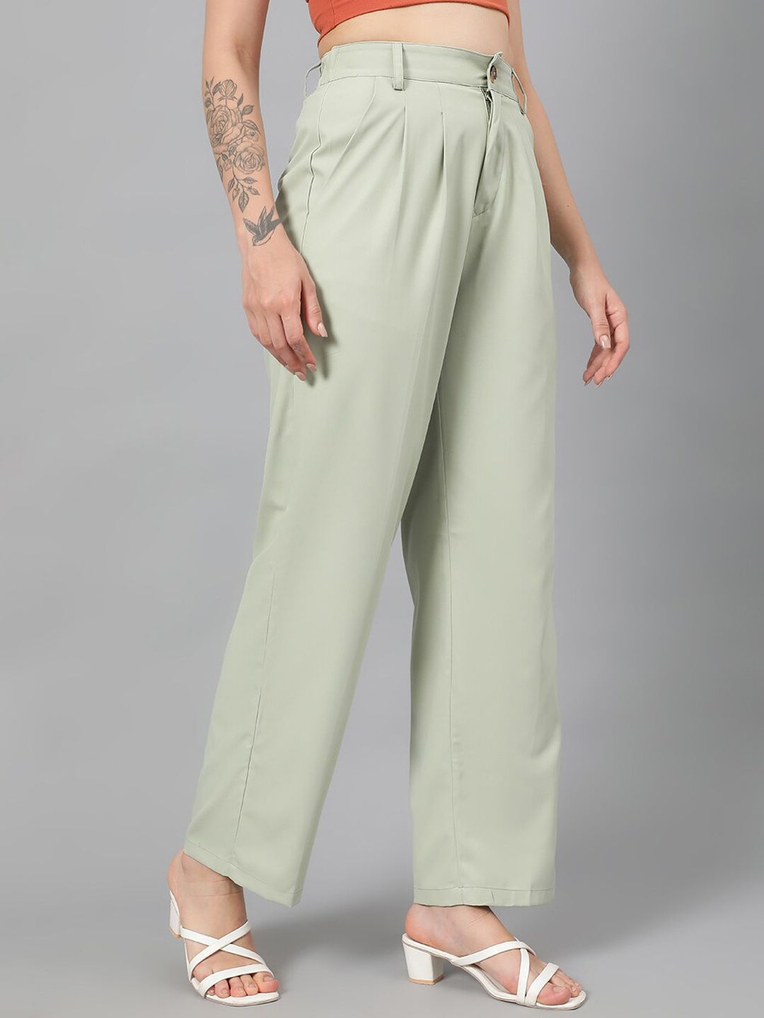 Kotty Women Green Relaxed Straight Leg Fit High-Rise Easy Wash Pleated Parallel Trousers
