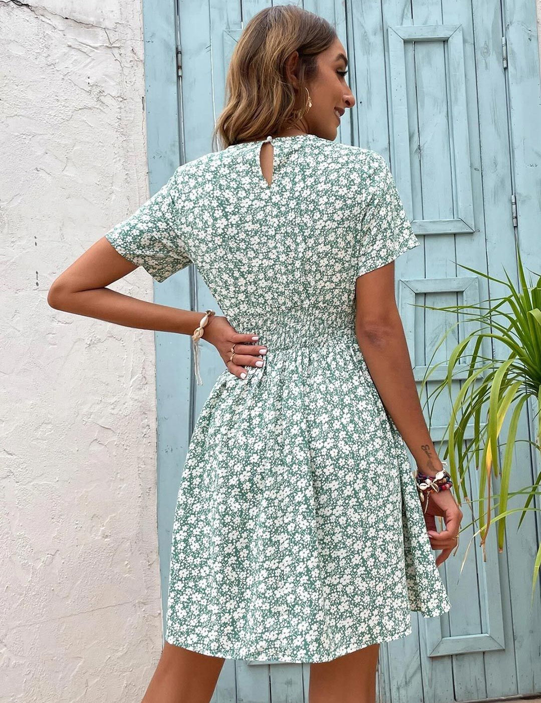 Kotty Blue Floral Printed Smocked Fit & Flare Dress